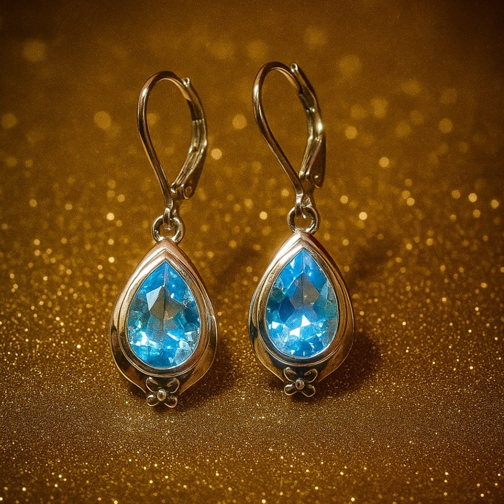 Sterling Silver Large Genuine Blue Topaz Lever Back Earrings